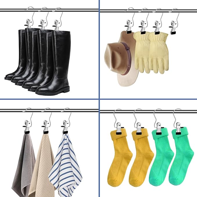 Boot Hangers for Closet,30 Pack Laundry Hooks with Clips,Stainless Steel Boot Hanger Clips,Portable Hangers Single Clip Space Saving Boot Clips for Hanging (Black)