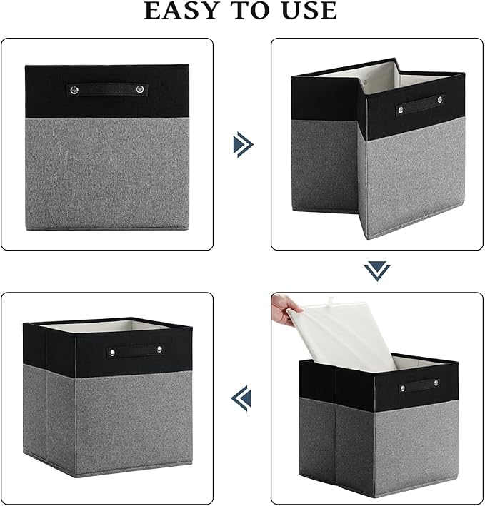 13 x 13 Inch Fine Linen Storage Bins with Handles，Fabric Cube Boxs，Basket Organizers for Shelves for Home, Closet Drawers (Black/Gray-6 Pack)