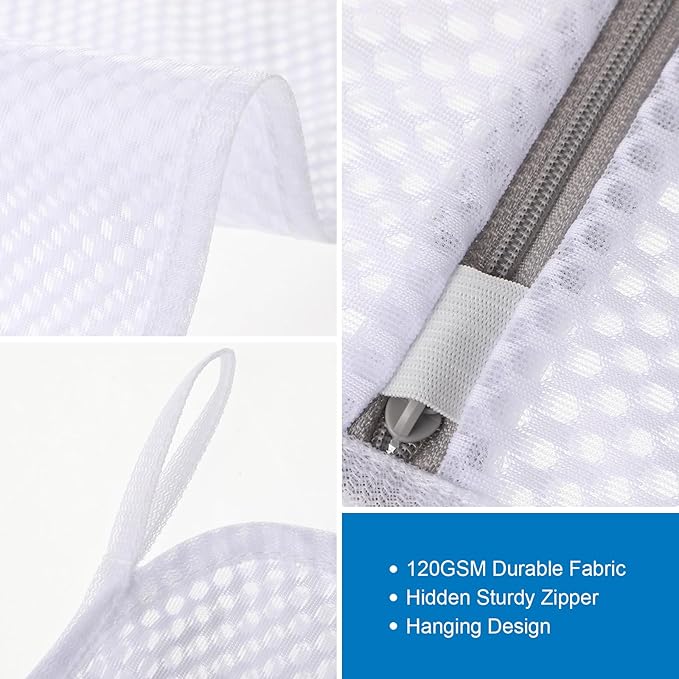 3 PCS Durable Honeycomb Mesh Laundry Bags for Delicates with Zipper, Reusable Laundry Bag Mesh Wash Bags for Washing Machine for Clothes, Shoes, Socks, Underwear, Bra (M + L + XL, White)