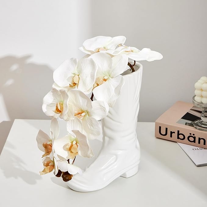 Denique White Ceramic Cowboy Boot Vase, Unique Boot Shaped Flower Vase for Home Decor, Modern Farmhouse Decorative Vase for Living Room, Bedroom, Office, Table Centerpiece, Gift for Women