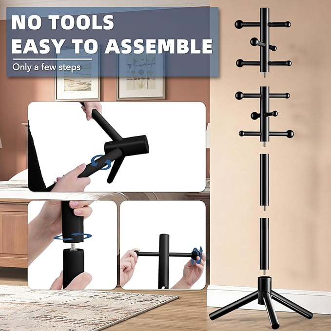 Wooden Coat Rack Freestanding with 12 Hooks 3 Adjustable Heights，Standing Coat Rack Tree for Hat and Coat Rack for Small Spaces Entryway,Office,Bedroom,Black