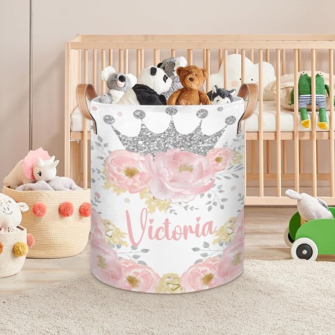 Personalized Laundry Basket, Custom Gift Laundry Hamper, Collapsible Nursery Waterproof Laundry Baskets, Dirty Clothes Toy Hamper with Handles Floral Silver Crown