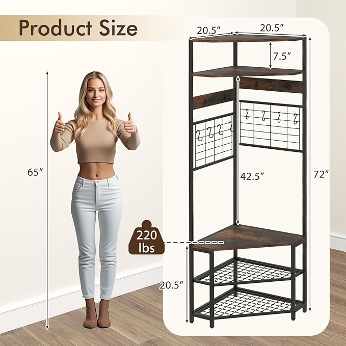 Giantex Corner Hall Tree, 73" Tall Coat Rack w/Shoe Storage Bench, 12 Metal Hooks, 5-Tier Entryway Shoes Shelf Organizer, Freestanding Clothes Rack for Living Room, Bedroom (Rustic Brown & Black)