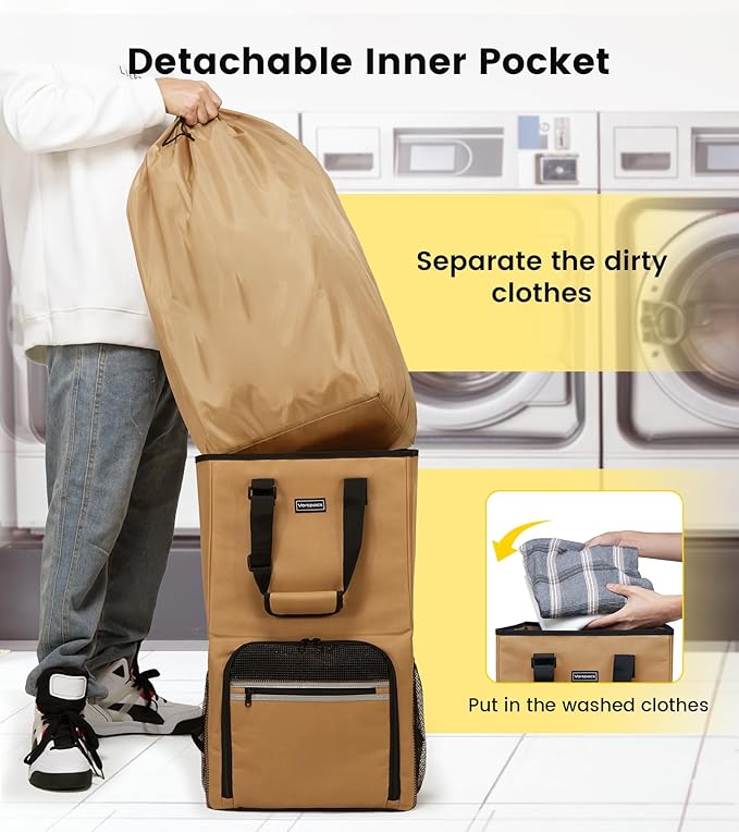 Vorspack Laundry Bag Backpack - Extra Large Laundry Bags with Shoulder Straps Heavy-duty 2 in 1 Laundry Hamper Basket for College Dorm Camp Laundromat Room Essentials - Khaki