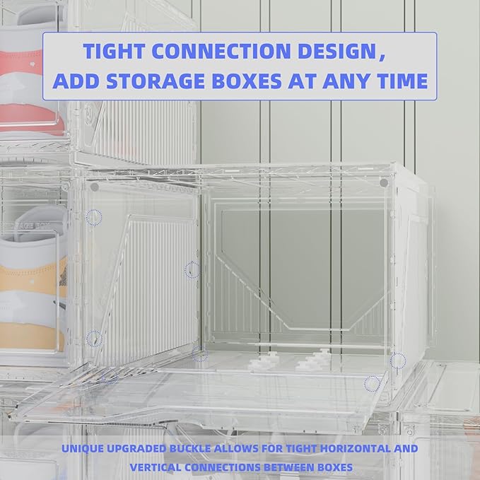 10 Pack Upgraded XX-Large Closet Organizers and Storage with Magnetic Door, New structure is more stable, Thicken & Sturdy Clear Stackable Interconnectable Shoe Box for Entryway, Under Bed