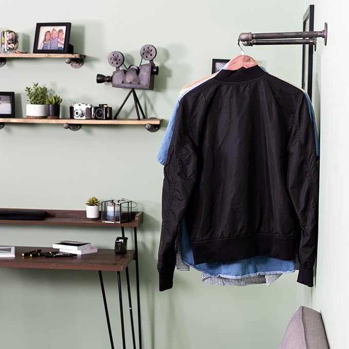 PIPE DECOR Industrial Pipe Wall Mounted Clothing Rack. Heavy Duty Rustic Vintage Steel Grey Black Metal