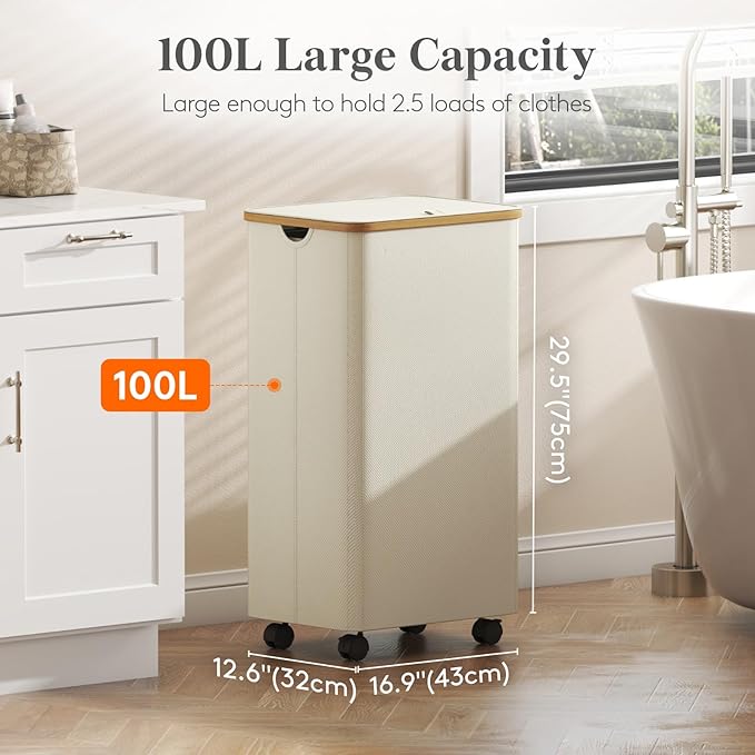 Lifewit 100L Large Laundry Basket with Lid, Laundry Basket with Wheels and Handles, Clothes Hampers for Laundry with Removable Bag in Bedroom Bathroom Dorm, White