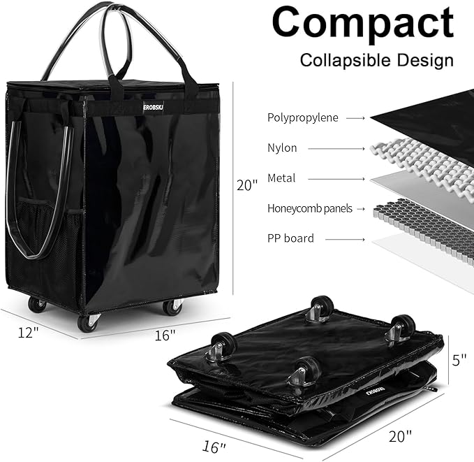 (Medium,Black) Reusable Grocery Bag on Wheels, 70L Foldable Rolling Tote, Carries Up to 66 lbs Shopping Trolley, Zipper Clouser Shopping Carts for Trips, Laundry, 4 Heavy Duty Wheels and 3 Handles