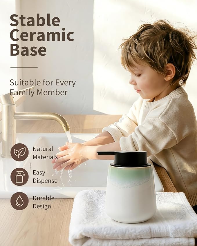 BosilunLife Foam Hand Soap Dispenser - 12 oz Bathroom Hand Pump Dispenser Foaming Soap Dispenser Ceramic Dish Wash Dispenser for Kitchen, White with Blue-Green Rim