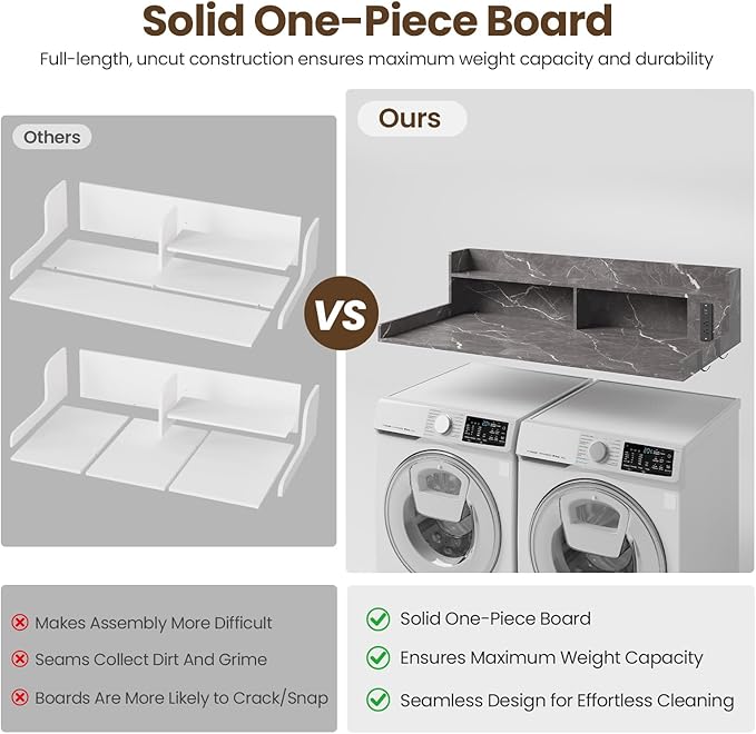 Upgraded 2-Tier Washer and Dryer Countertop with Power Outlet,54" W x 27.6" D Large Laundry Countertop for Fold Clothes, Laundry Topper with Non-Slip Pads & Metal Hooks and Storage Basket
