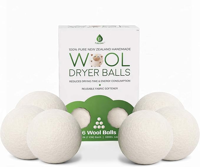 Pursonic Laundry Wool Dryer Balls Made with 100% Pure New Zealand Wool - Natural Reusable Fabric Softener Balls for Drying Time & Energy Consumption - Reduces Clothing Wrinkles & Lint - Set of 6