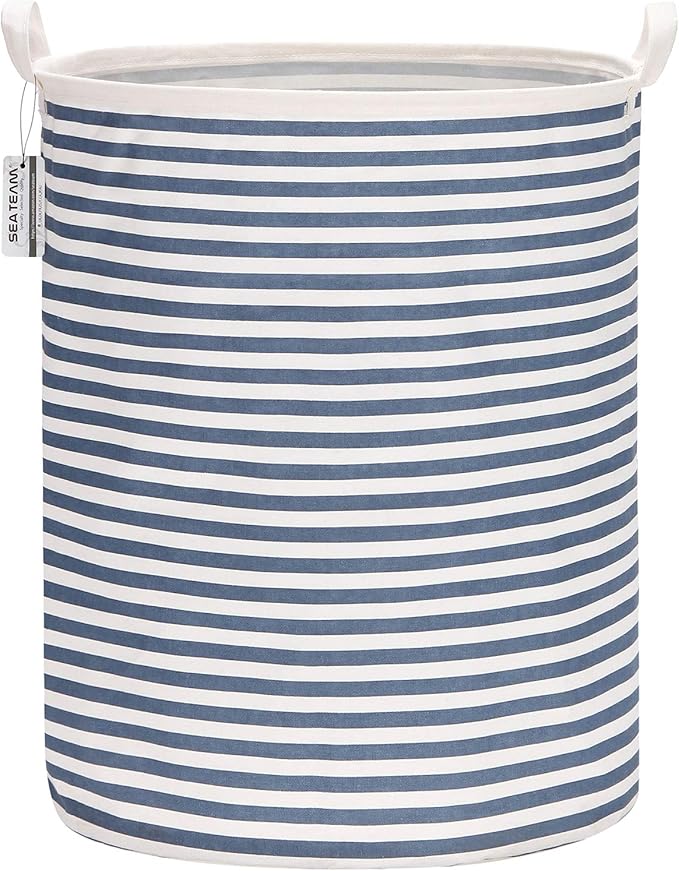 Sea Team 19.7 Inches Large Sized Waterproof Coating Ramie Cotton Fabric Folding Laundry Hamper Bucket Cylindric Burlap Canvas Storage Basket (19.7", Navy Blue & White Stripe)