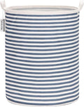 Sea Team 19.7 Inches Large Sized Waterproof Coating Ramie Cotton Fabric Folding Laundry Hamper Bucket Cylindric Burlap Canvas Storage Basket (19.7", Navy Blue & White Stripe)
