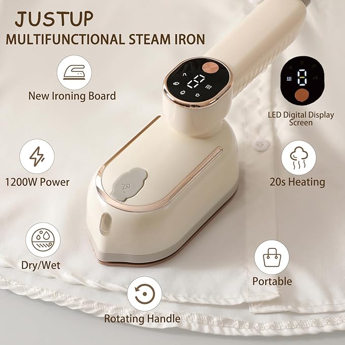 Portable Clothing Steamer, 1000W Clothing Wrinkle Remover, 3+1 Steam Adjustment Multifunctional Hanging Iron with LED Digital Display Screen, 130ml, with Water Shortage Warning, Safe Use (Beige)