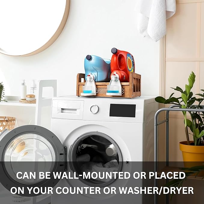 Besuerte Wood Liquid Laundry Detergent Holder, Detergent Dispenser for Laundry Room - Farmhouse Hanging Laundry Station Storage Laundry Detergent Stand Hold Two Laundry Bottles, Nut Brown