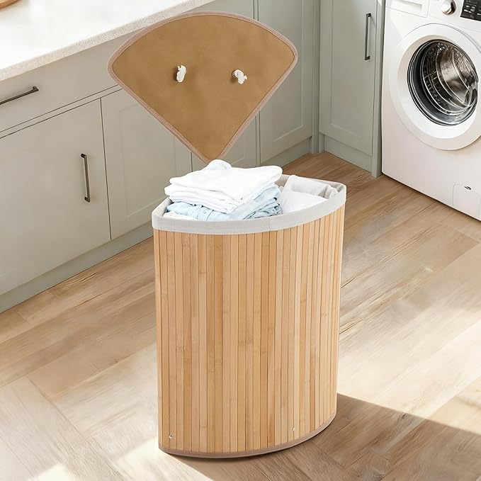 GarveeHome Corner Laundry Hamper with Lid, 15.3 Gal / 58 L Large Foldable Bamboo Laundry Basket with Washable Liner Bag, Wicker Clothes Hamper for Bedrooms Bathrooms Apartments, Natural