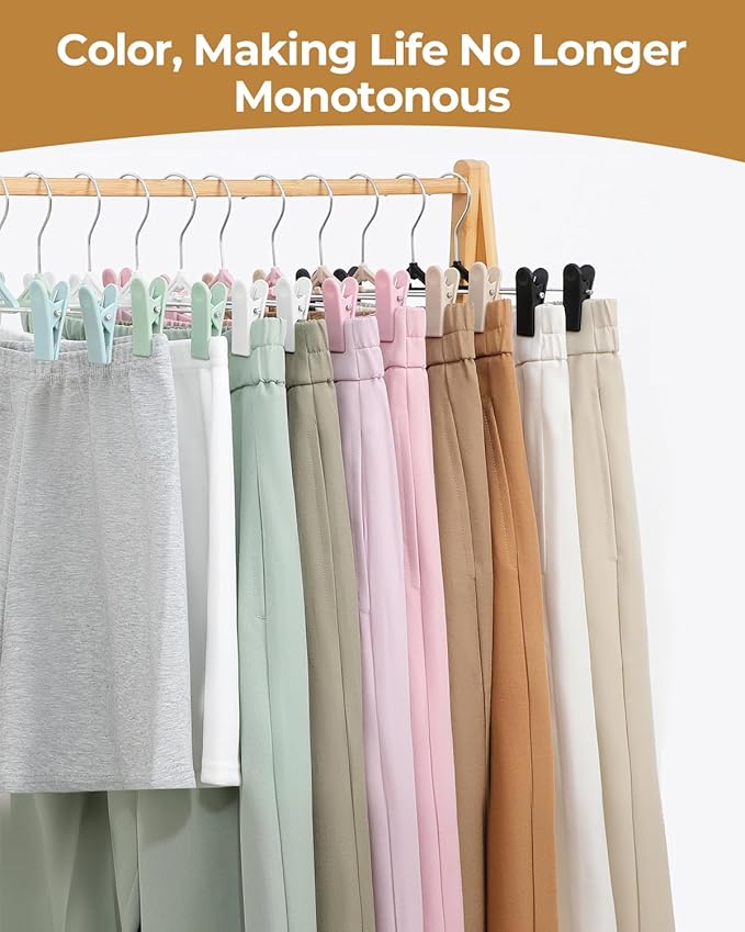 Pants Hangers with Clips 50 Pack - Space Saving Stackable Shorts Skirt Hangers with Clips - Non-Slip, Adjustable for Men, Women, Kids, Children, Baby, Beige