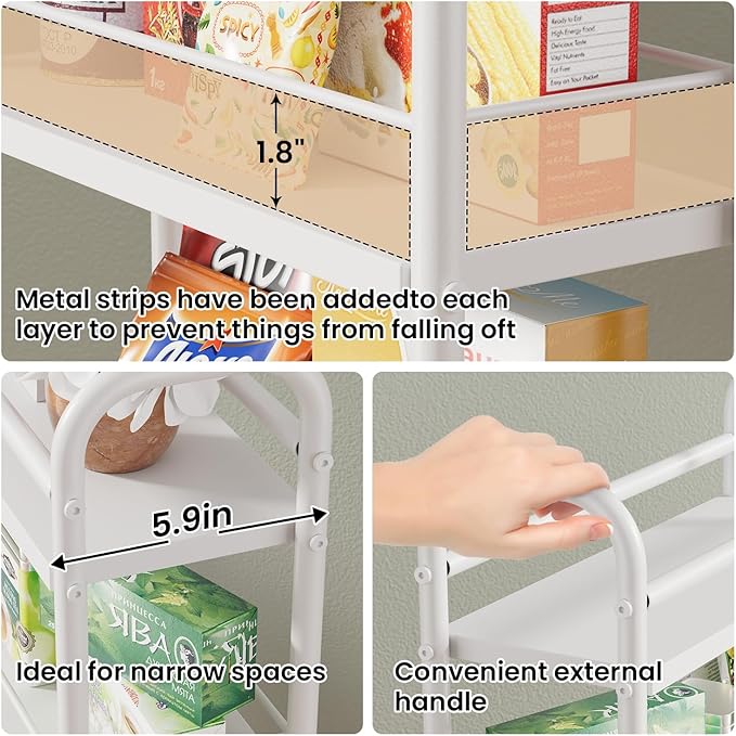 Slim Storage Cart, 4-Tier Small Rolling Cart with Wheels, 5.9" Deep, Narrow Bathroom Shelf Trolley for Kitchen, Bathroom, Laundry Room, White Standard 4-Tier (5.9" W x 33.6" H)