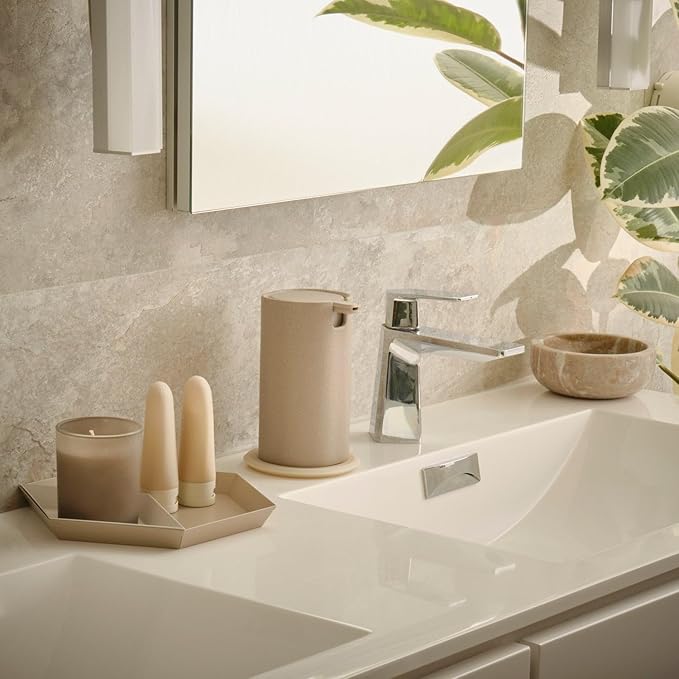 LINE+ARC Modern Easy-to-Press Soap Dispenser (Stone). Cute Bathroom Beige Marble Kitchen Sink Ergonomic Liquid Lotion Shampoo Conditioner