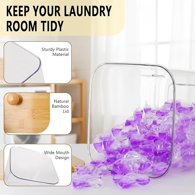 Laundry Storage Containers - Large Detergent Powder Storage with Wooden Lids & Labels, Laundry Pods Holder for Scent Booster, Powder & Pods, Laundry Room Organization 3+1 Pack