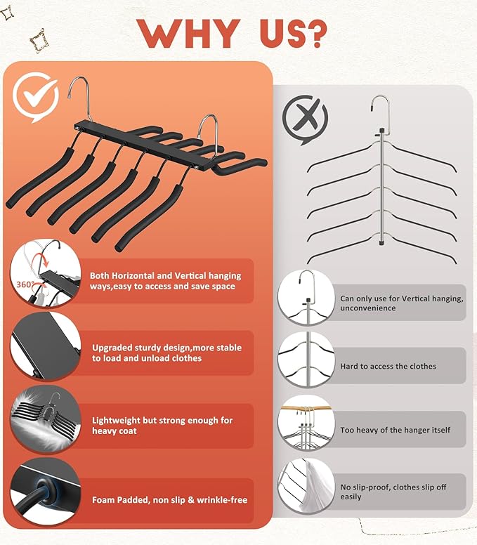 Clothes Hangers Space Saving 6 Tier Coat Hangers, Swing Arm Non Slip Padded Multi Sweater & T Shirt Hangers, 2 Packs Heavy Duty Stainless Steel Sweater Closet Organizers and Storage