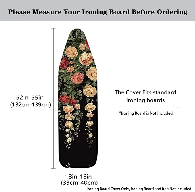 Rose Print Ironing Board Cover and Pad Heat Reflective Stain Resistant Iron Board Cover with Padding Standard Size 15x54 Pressing Cloth for Ironing