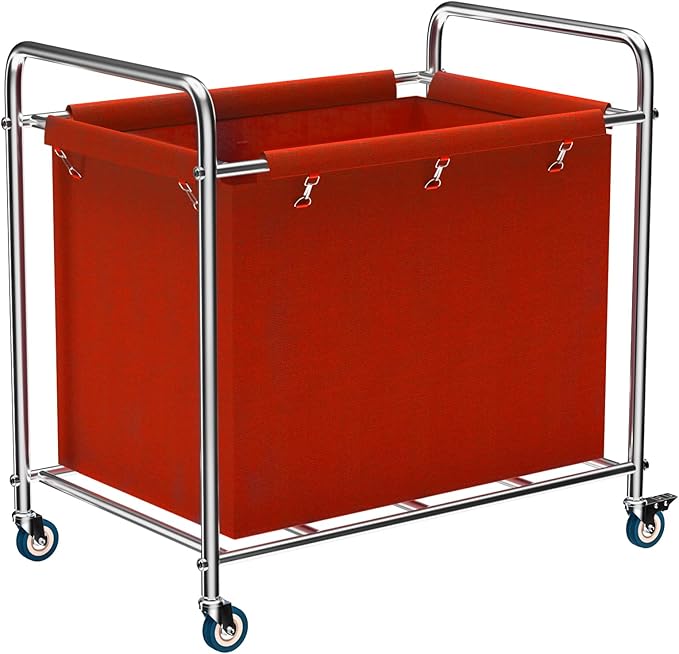 Commercial Laundry Cart with Wheels, 440 lbs Heavy Duty Industrial Laundry Cart with Sturdy Frame and Oxford Bag for Home Hotel Hospital, Rolling Laundry Cart for Home & Hotel, 400L(Red)