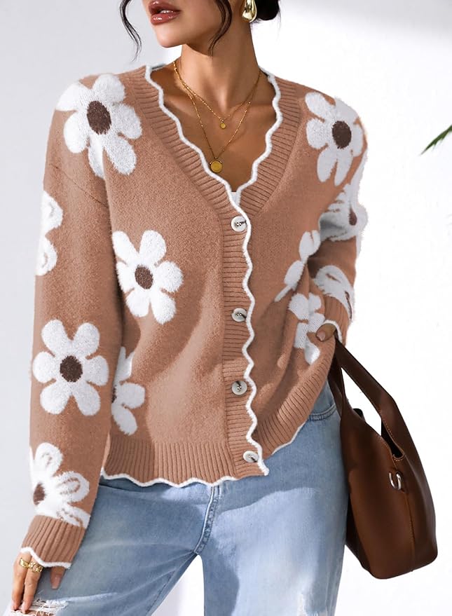Pink Queen Fuzzy Sweater Cardigan for Women 2025 Fashion Long Sleeve Flower Outerwear Button Down Open Front Cardigan Coat