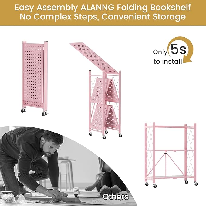 ALANNG Heavy Duty 3-Tier Folding Shelf with Wheels, No Tools Assembly Metal Storage Rack Cart for Kitchen, Pantry, Laundry Room, Garage, Pink
