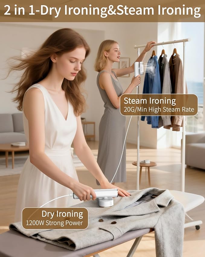 Steamer for Clothes, 2-in-1 Steam Iron for Clothes, 1200W Handheld Steamer 10s Heat-Up, Travel Steamer Fast Wrinkle Removal, Portable Garment Steamer for Home - White, 110-120V