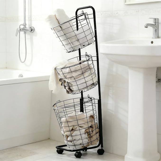 3-layer Standing Clothing Sorting Laundry Basket,Dirty Clothes Basket Rack with Wheels, Durable Removable Iron Wire Metal Classification Storage Rack for Sort and Store Dirty Towels, Bedding, Black