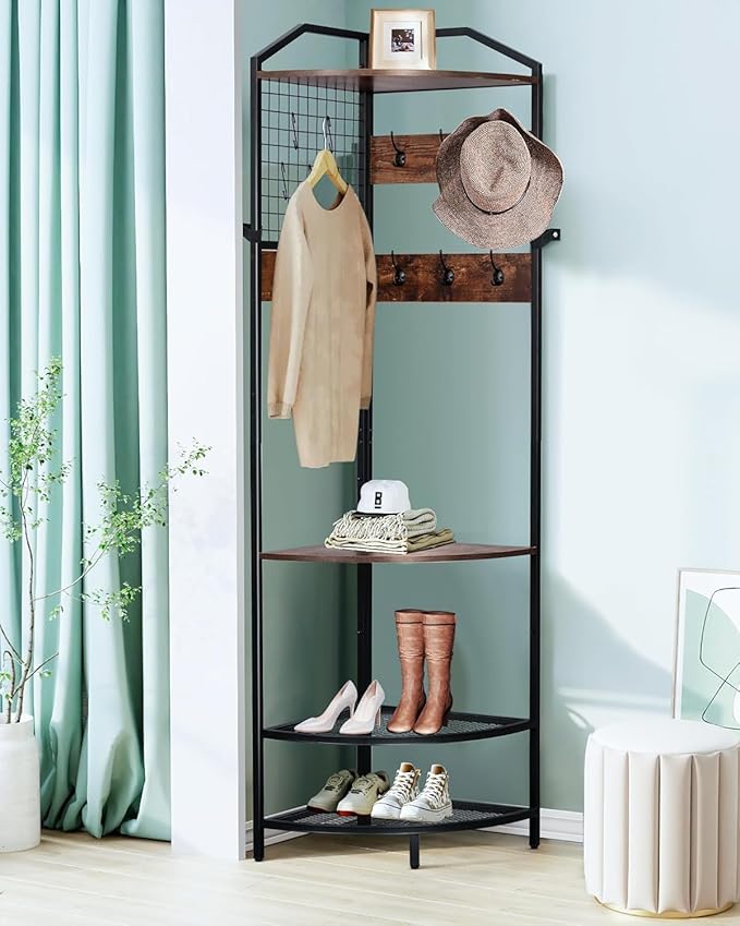 Corner Coat Rack, 78" Corner Hall Tree with Bench and Shoe Storage, Adjustable Height Floor Standing Clothes Shoes Rack with 14 Metal Hooks for Entryway, Home, Office, Bedroom (Rustic Brown 1)