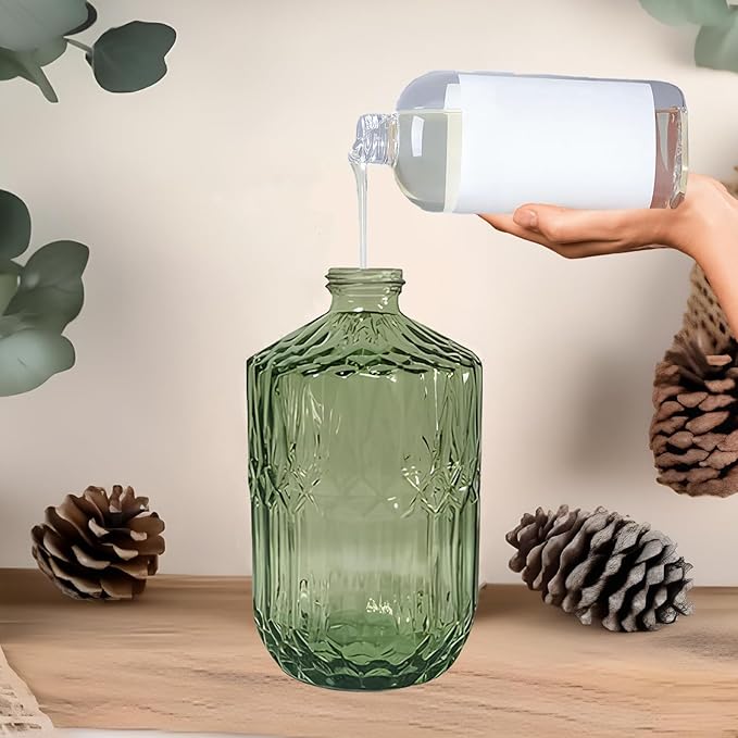 Green Glass Soap Dispenser with Black Plastic Pump, 15oz Refillable Glass Lotion Hand Soap Dispensers for Modern Kitchen Sink, Bathroom Countertop, Hotel