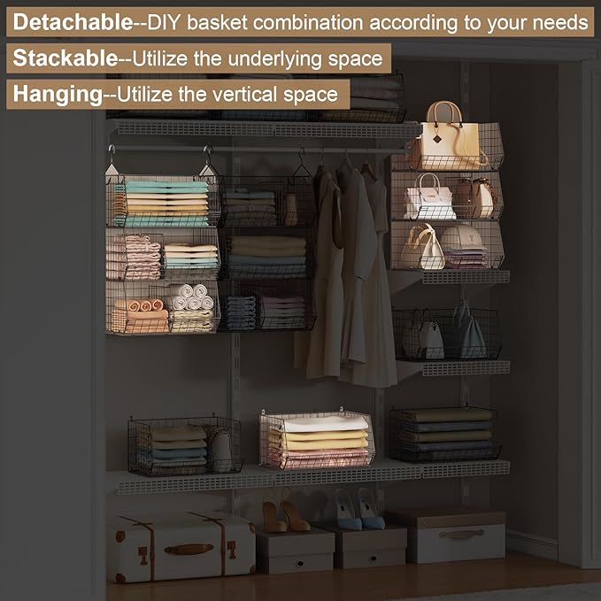 3 Tier Closet Hanging Shelves with Divider, Extra Large Closet Organizers and Storage, Clothes Hanging Organizer Clothing Sweaters Handbags Clutches Accessories