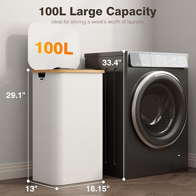 100L Laundry Hamper with Lid, Large Laundry Basket with Bamboo Handles, Clothes Hampers for Laundry with Removable Bag, Dirty Clothes Hampers for Bedroom Aesthetic, Beige