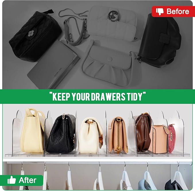 SOLY Purse Storage Organizer for Closet-Adjustable Shelf Dividers,2-Pack Clear Purse Organizers,for Handbags & Accessories Dividers in Bedroom, Clear(White)
