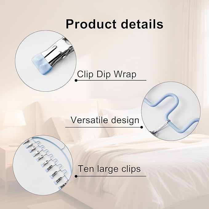 Legging Organizer for Closet,Metal Wave Design Pants Hanger with 10 Clips 7 Hooks, Closet Storage for Pants, Skirts, Hats (Blue, 1Pack)