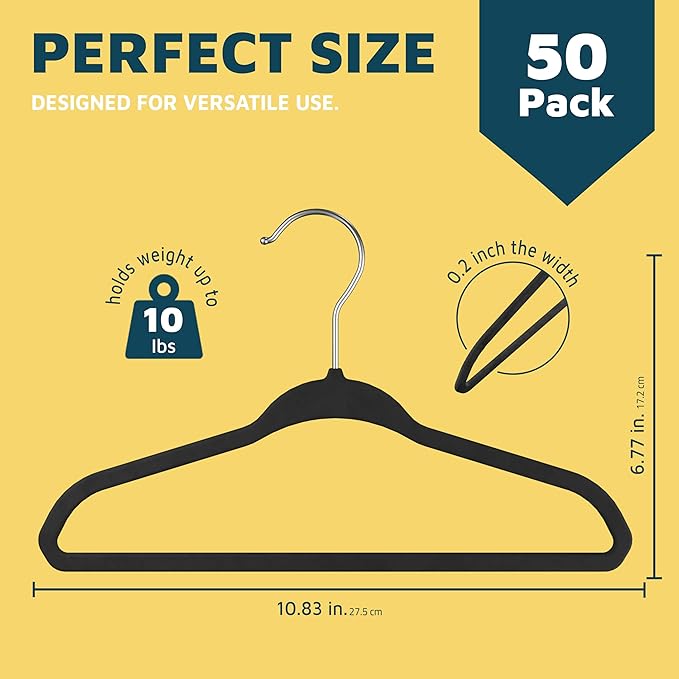 Black Velvet Kids Hangers 50 Pack, 10.83" Non-Slip Baby & Toddler Hangers for Clothes, Space-Saving Slim ABS Plastic with 360° Swivel Hook & Notched Shoulders, Up to 10 lb Capacity