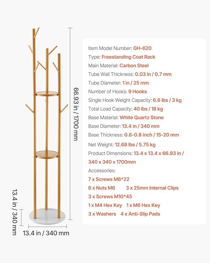 VEVOR Coat Rack, Freestanding Coat Rack Stand with Quartz Stone Base & 9 Hooks, Free Standing Hall Coat Tree for Entryway, Bedroom, Office, Living Room, Modern Clothes Hanger for Coat, Hat, Scarf, Bag