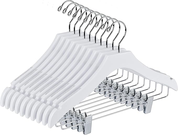 Quality 14.5" White Wooden Petite Kids Skirt Pant Hanger Luxury Design with Robber Grips Chrome Swivel Hook Medium Elementary Size