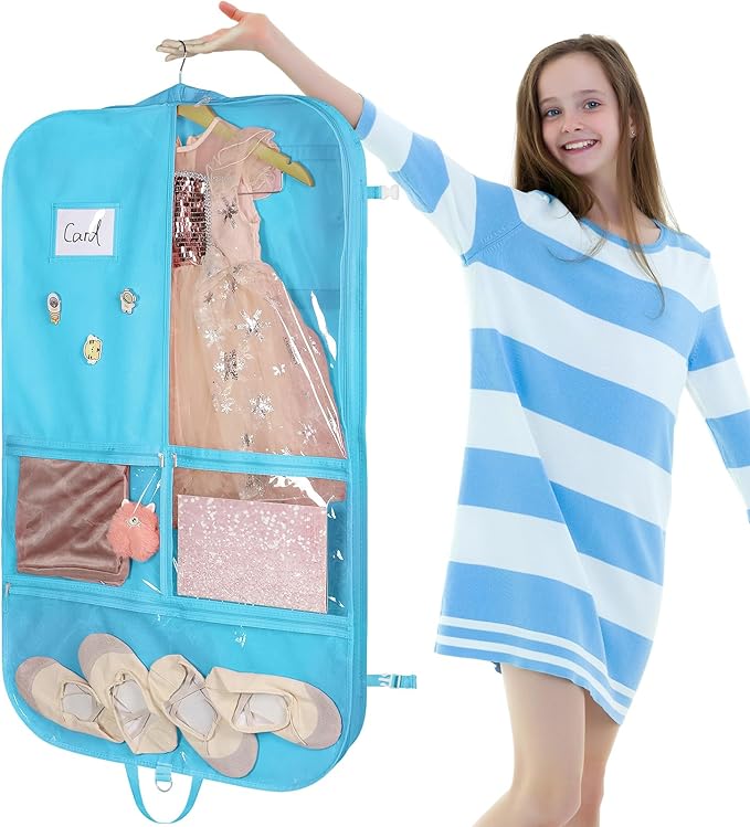 Univivi Kids Garment Bags for Dance Costumes, 40 Inch Dance Competition Costume Bag, 3 Medium Clear Zipper Pockets and 2 Back Zippered Pockets with 1 xPendant, 3 x Badge(Blue)