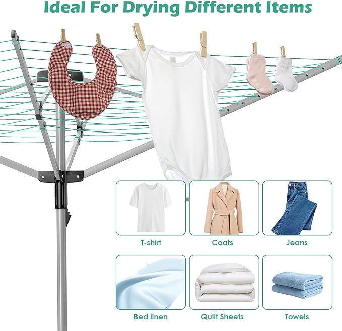 tonchean Rotary Umbrella Drying Rack, Adjustable Height Rotary 4-arm Umbrella Clothesline for Laundry Outdoors Dryer Collapsible Clothes Drying Rack | 12-Lines with 165 ft. Clothesline