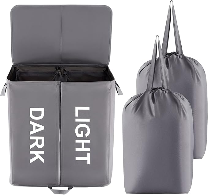 Lifewit 136L Double Laundry Hamper with Lid and Removable Laundry Bags, Large Divided Hamper, Collapsible 2 Section Laundry Basket with Handles for Bedroom, Bathroom, College Dorm, Laundry Room, Grey