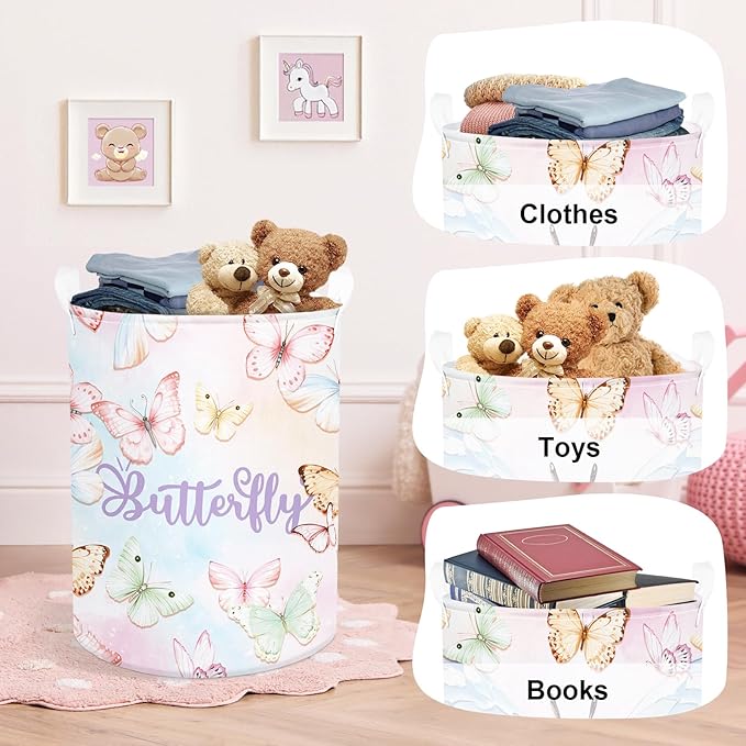 3D Pastel Butterfly Baby Laundry Hamper Collapsible Clothes Kids Storage Basket Large Girls Gift Toy Box Bin for Bedroom, Colorful, 63L
