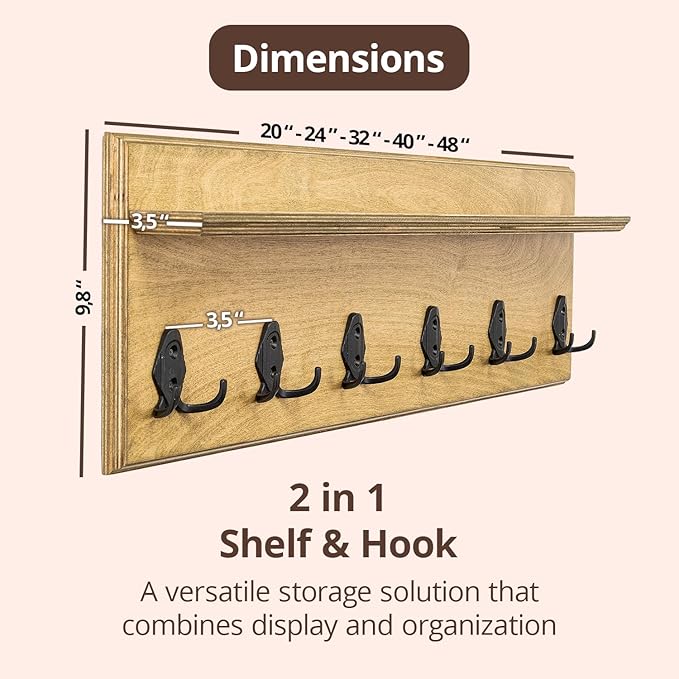 Rustic Wall Mounted Coat Rack with Shelf Wooden Entryway Organizer with 5 Metal Hooks for Coats Hats Towels Keys Floating Storage Shelf for Bathroom Bedroom (Jade, 24 inch (5 Hooks))