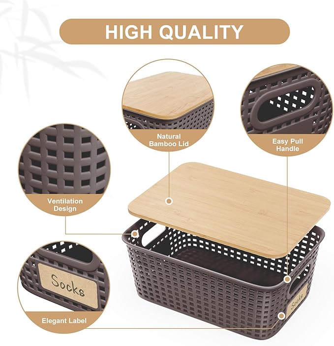 6Pcs Storage Bins with Lids, Stackable Plastic Storage Basket with Bamboo Lid, Pantry Organizer Box Small Containers for Organizing Shelves Drawer Desktop Closet Cabinet Office Classroom 10x7.1x4.1in