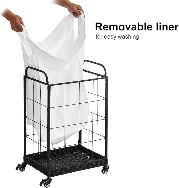Heavy Duty Laundry Hamper with Lockable Rolling Wheels – Durable, Collapsible Laundry Basket Featuring Removable Liner Bag & Metal Handle (White)