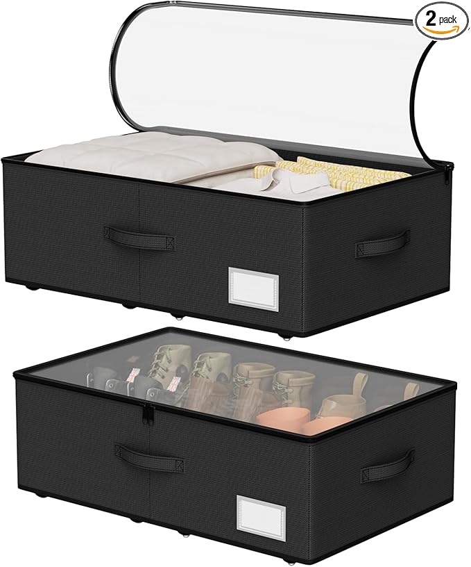 Under Bed Storage with Wheels,Under Bed Shoe Storage Organizers,Underbed Storage Bins,Rolling Under the Bed Storage Containers for Shoes Clothes in Dorm Bedroom,2 Pack（Black）