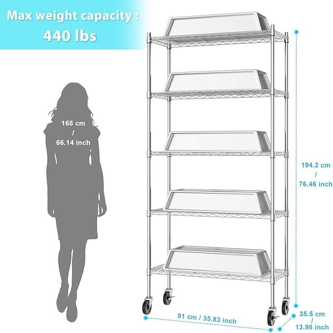 Auslar 5-Shelf Storage Shelves with Casters Heavy Duty 5 Tiers Rolling Cart Utility Racks Adjustable Wire Metal Shelving, 14" x 36" x 76.5", Chrome