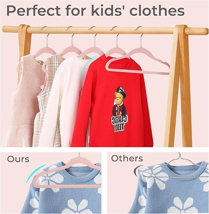 ManGotree 14 Inch Kids Velvet Hangers for Closet, Ultra-Thin Space Saving Children's Clothes Hangers, Non-Slip Felt Toddler Hanger for Youth's Clothes (32 Pack, Light Pink)